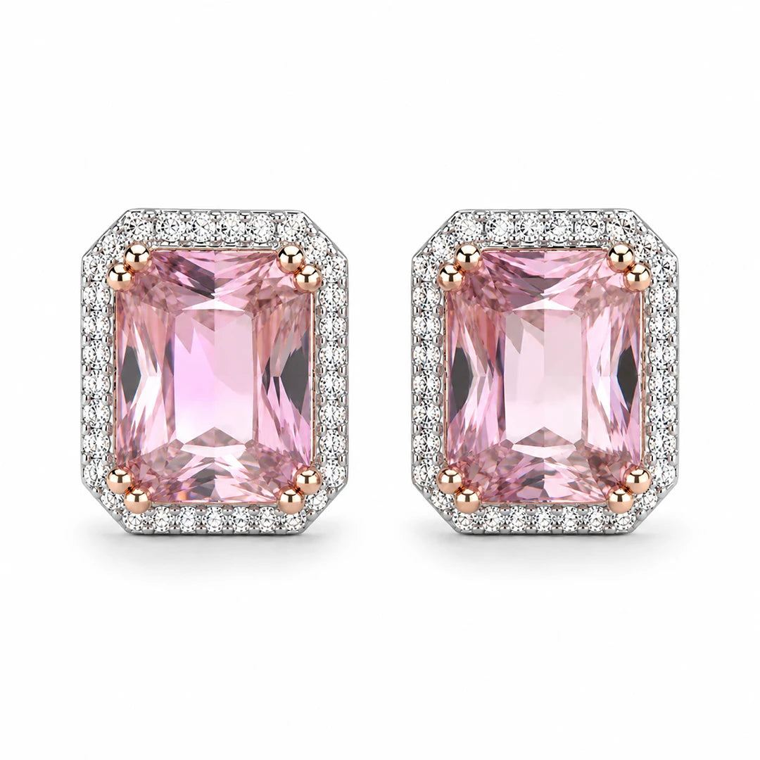 Zard Jewelry Emerald-Cut Pink Cubic Zirconia Halo Stud Earrings