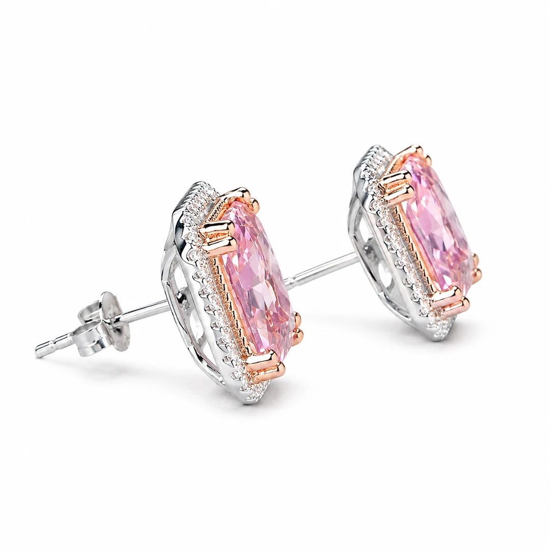 Emerald-Cut Pink Cubic Zirconia Halo Stud Earrings, close-up detail view