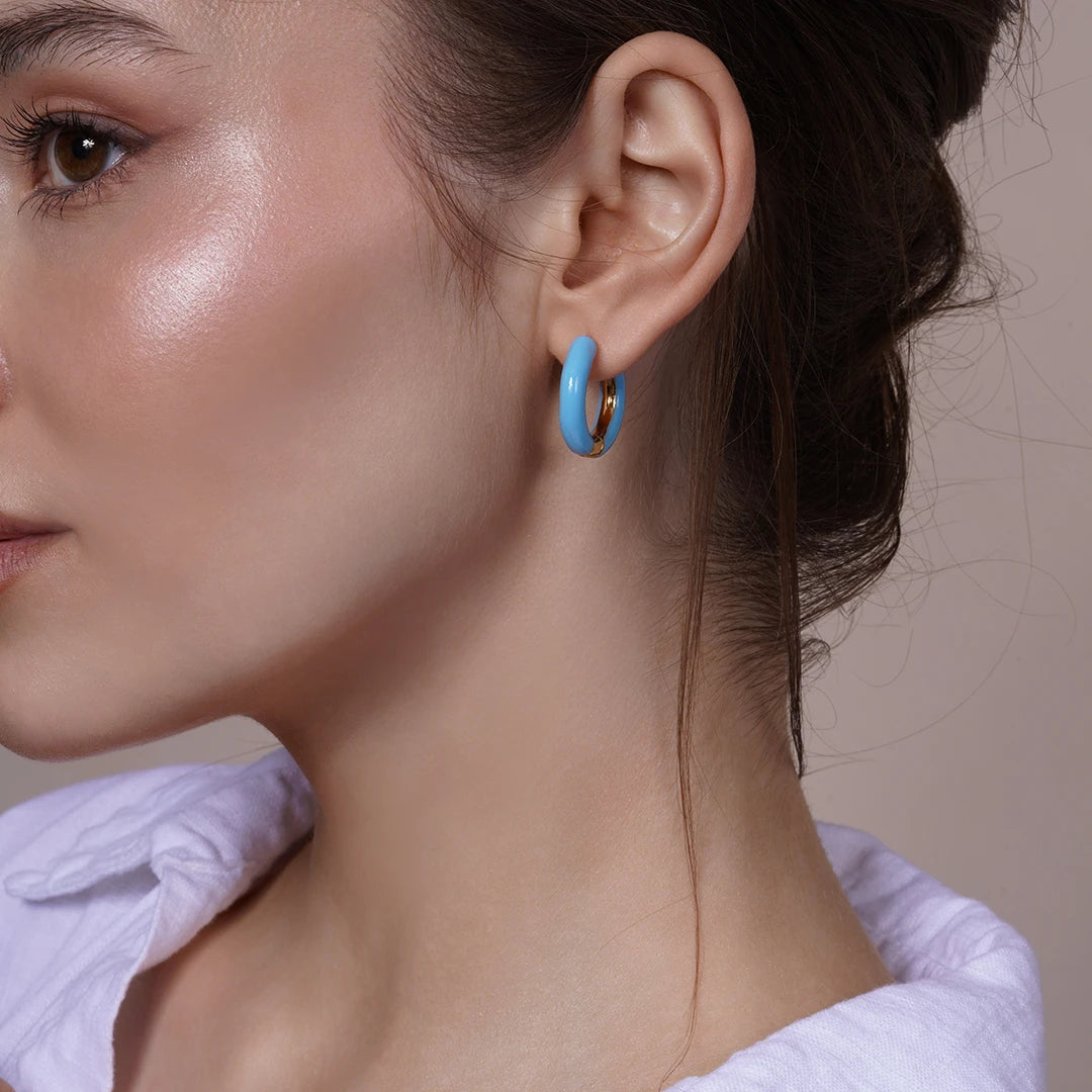 Model wearing Enamel Hoop Earrings, second styled look