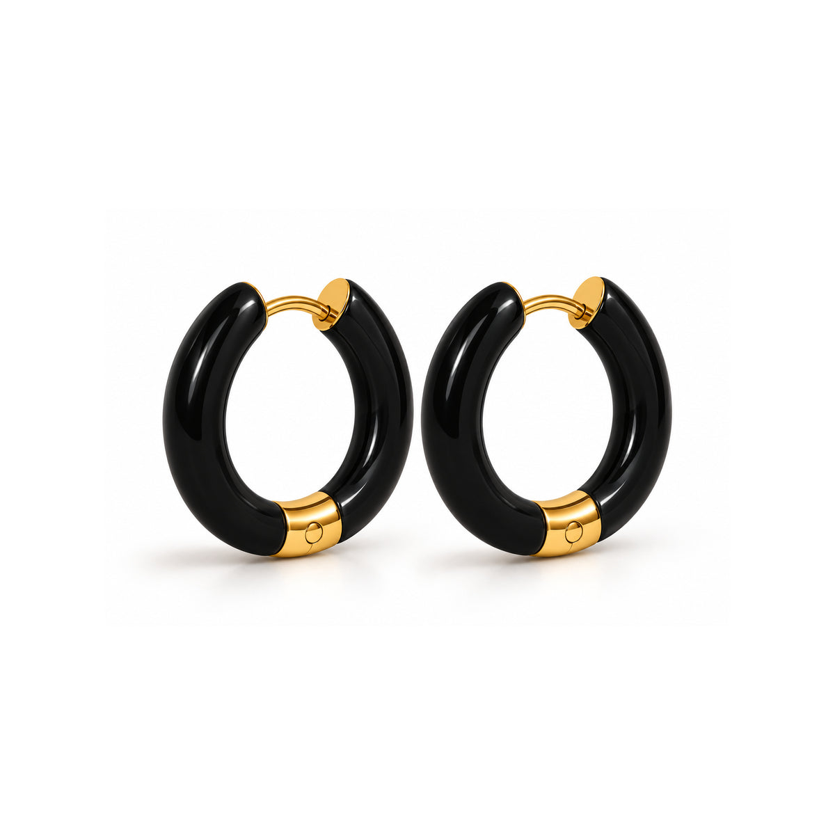 ZARD Jewelry Enamel Hoop Earrings, black enamel with 18K gold accents