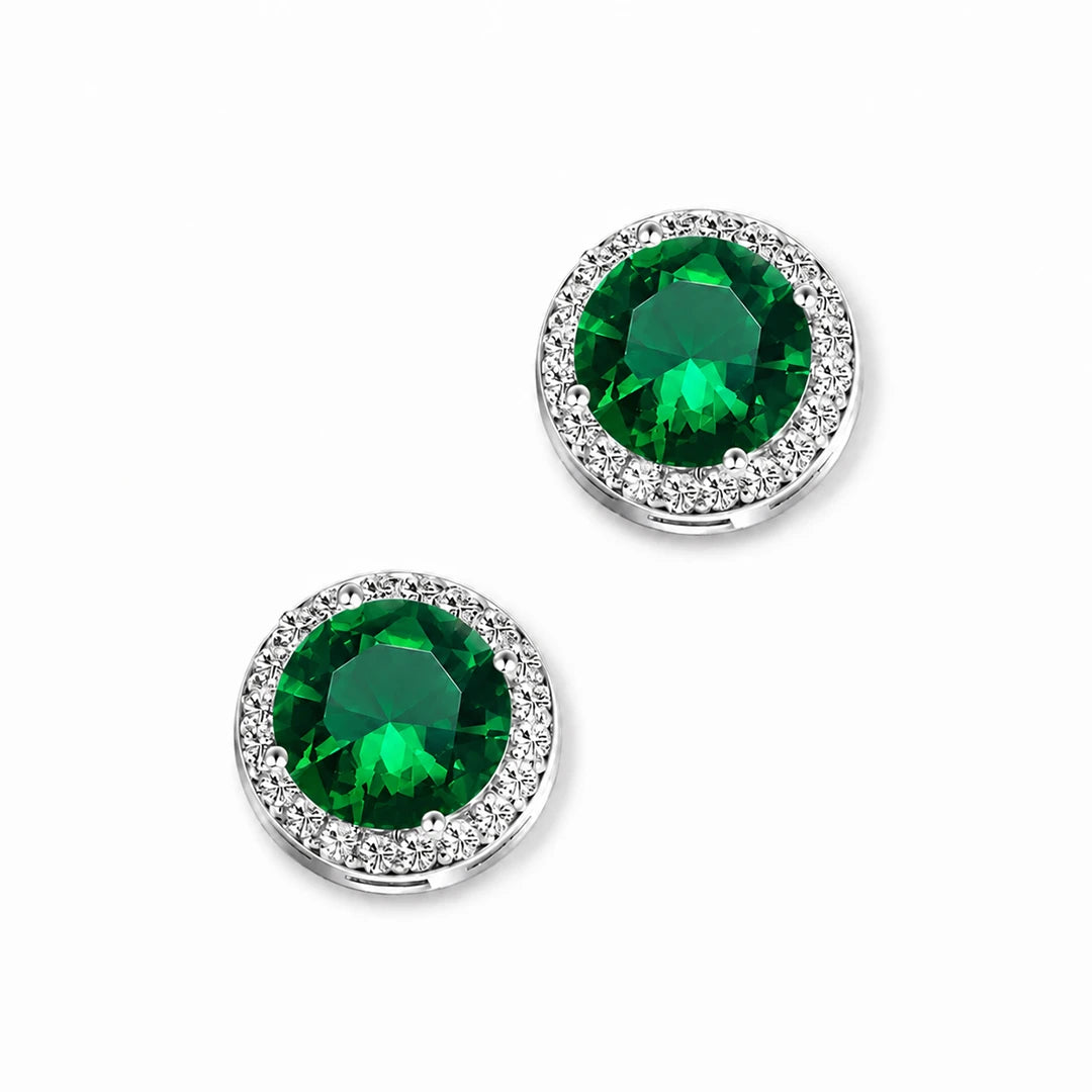 Green Round-Cut Cubic Zirconia Halo Stud Earrings, close-up detail view