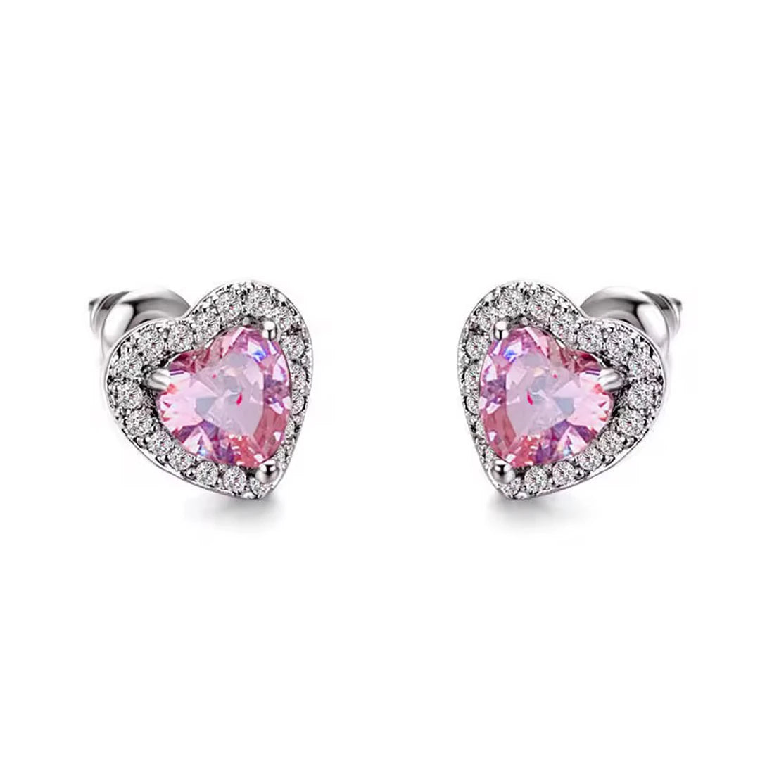 Heart Stud Earrings in CZ, pink