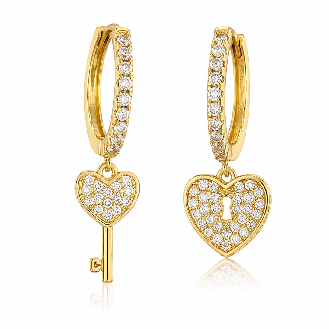 Zard Jewelry Huggie Hoop Earrings with Heart Lock Key Charms in Gold an Silver, gold
