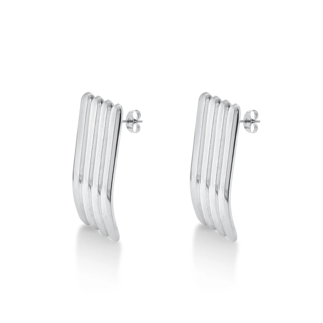 Linear Sculpted Earrings in Gold and Silver, silver, close-up detail view