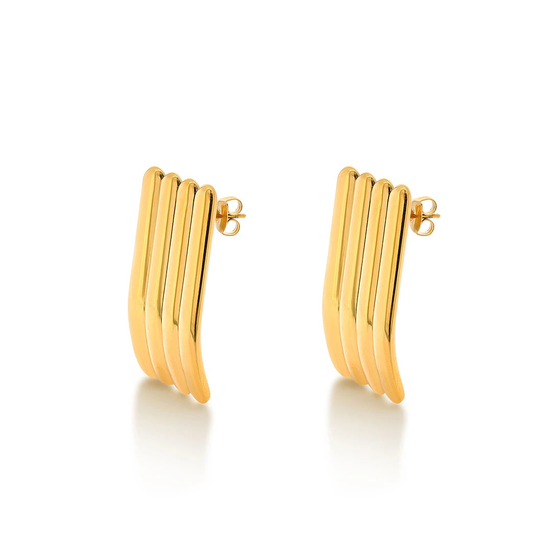 Linear Sculpted Earrings in Gold and Silver, gold, close-up detail view