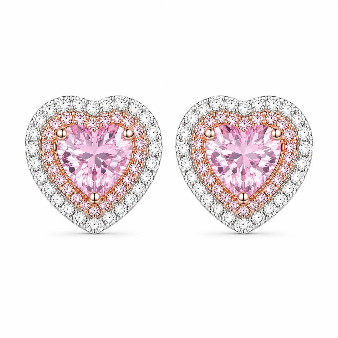 Zard Jewelry Pink CZ Heart Halo Stud Earrings