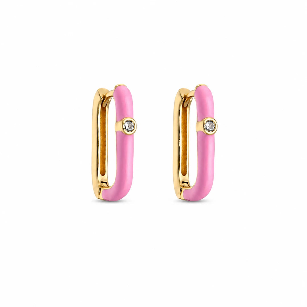 Zard Jewelry Pink Enamel Oval Huggie Hoop Earrings with CZ Accent