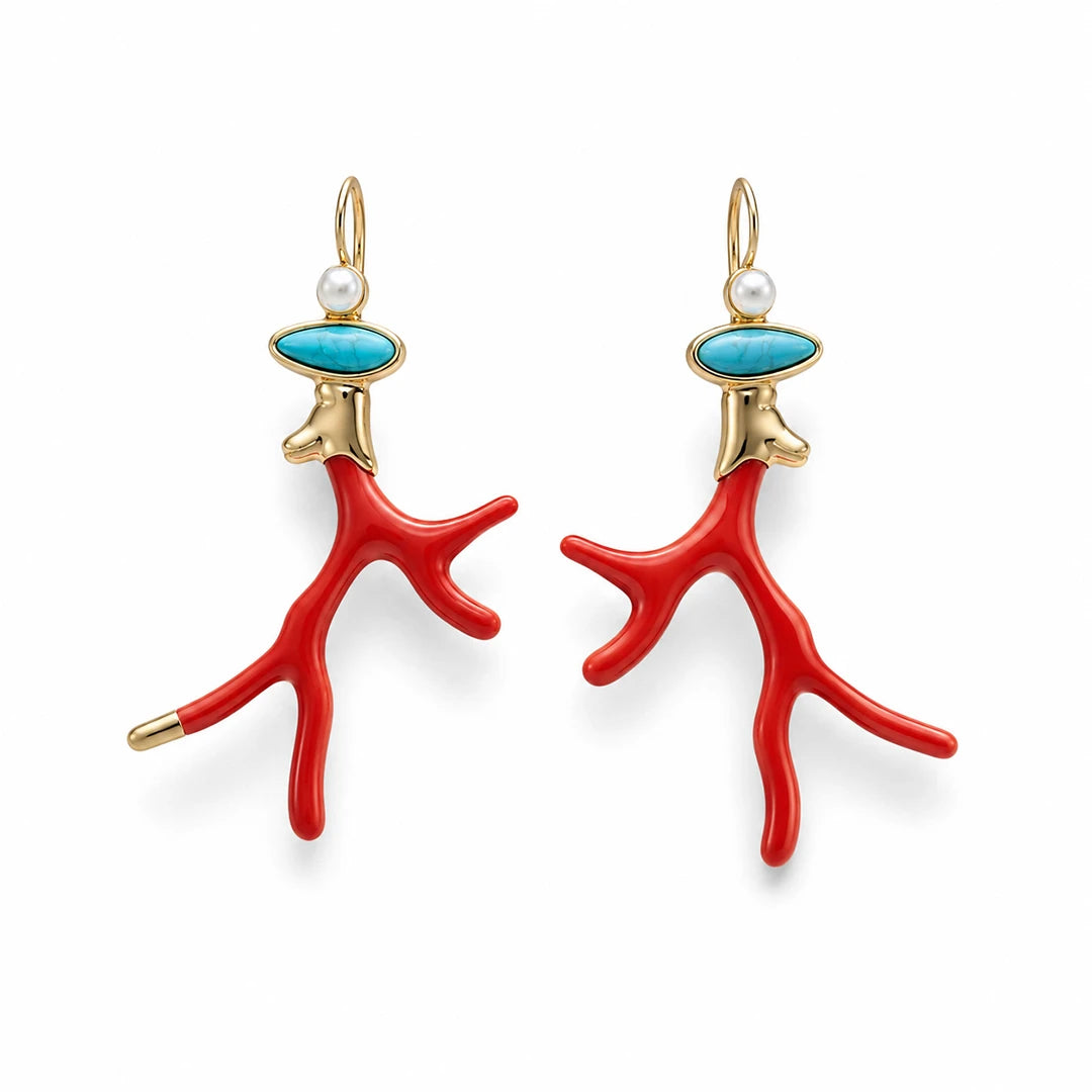 Zard Jewelry Red Coral Enamel Drop Earrings in Pearl and Turquoise Stone Accent