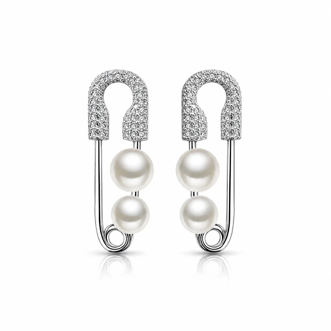 Zard Jewelry Safety Pin Drop Earrings in White Pearl Accent