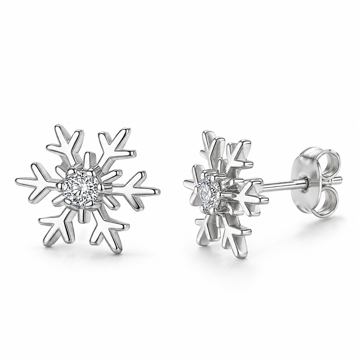Snowflake Stud Earrings in 925 Sterling Silver with Cubic Zirconia, pair on white background