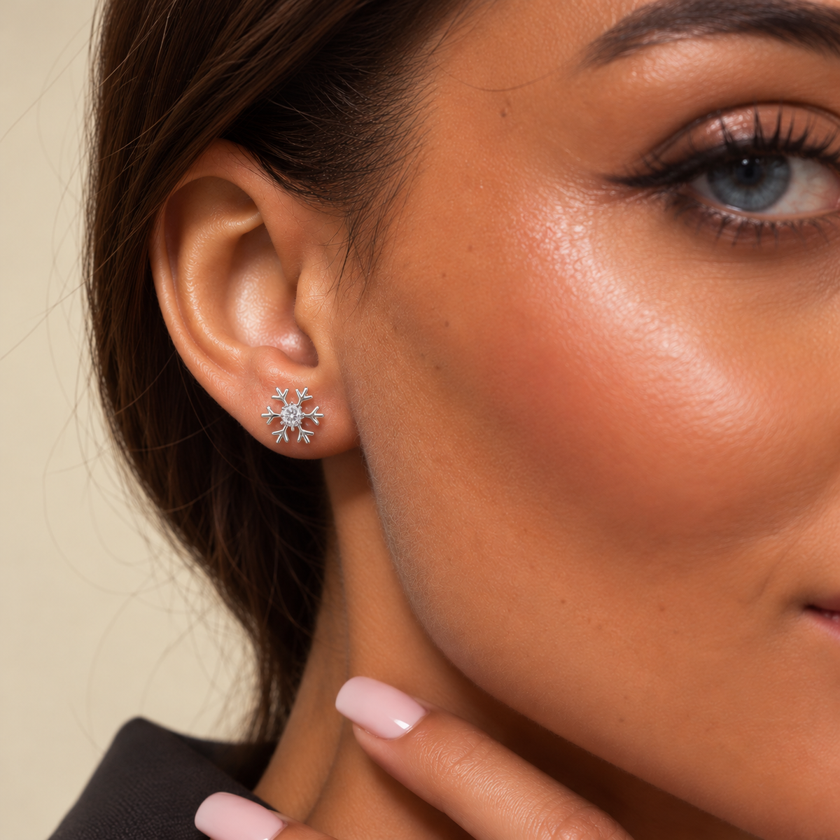Model wearing Snowflake Stud Earrings in 925 Sterling Silver with Cubic Zirconia