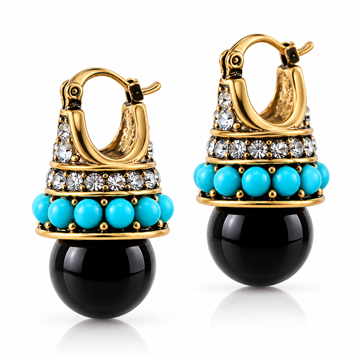 Zard Jewelry Turquoise and Black Bead Crystal Classic Hook Earrings