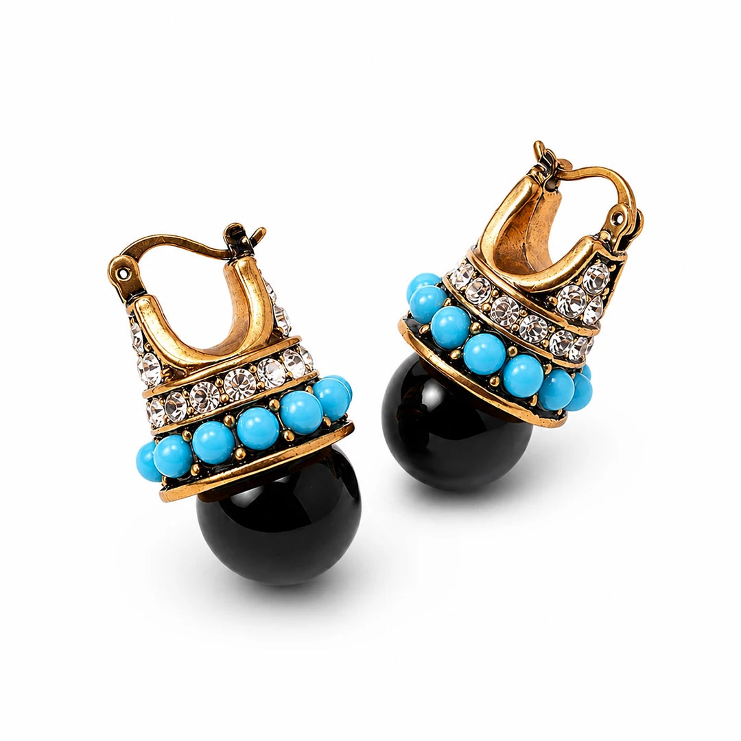 Turquoise and Black Bead Crystal Classic Hook Earrings, close-up detail view