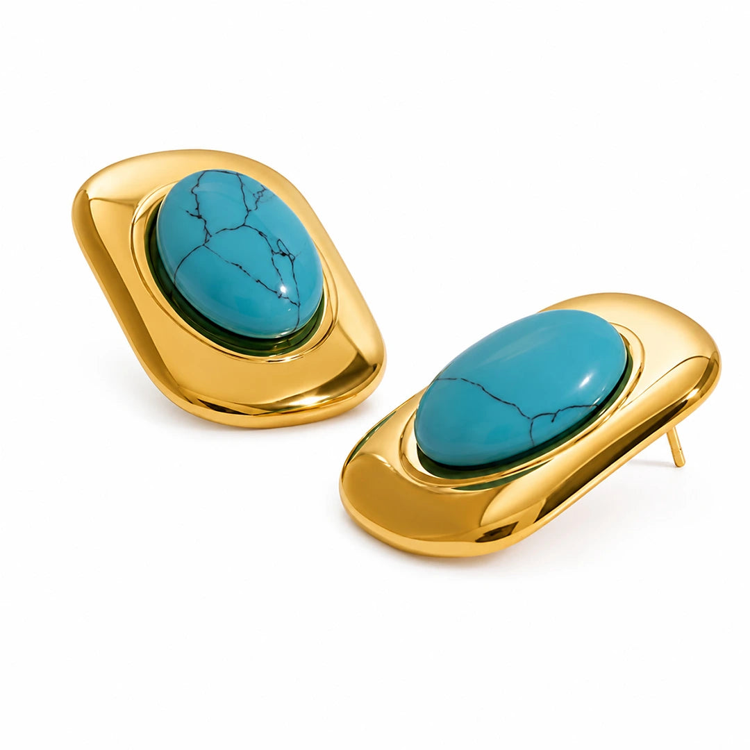 Turquoise Crystal Gem Chunky Stud Earrings in 18k Gold