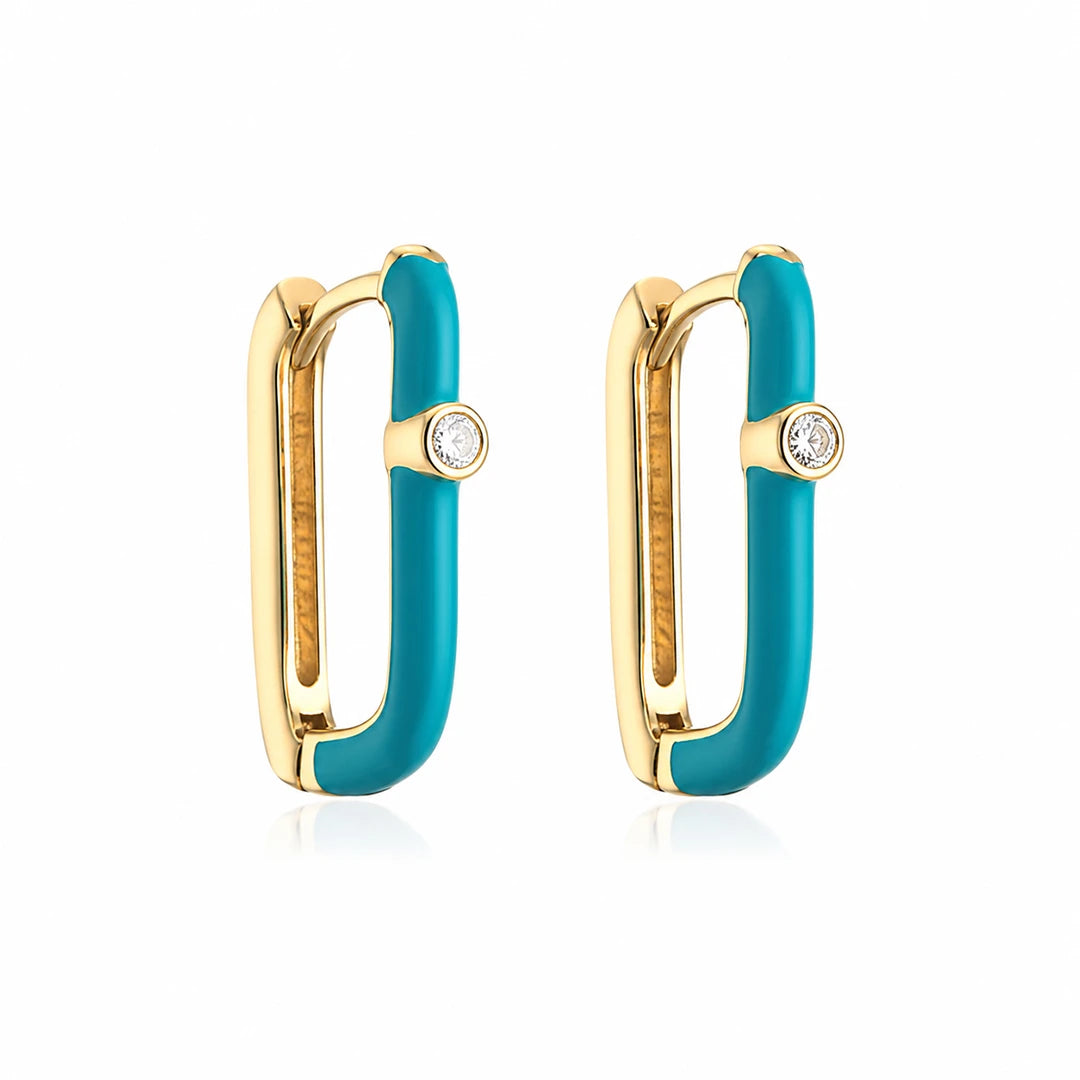 Zard Jewelry Turquoise Enamel Oval Huggie Hoop Earrings with CZ Accent