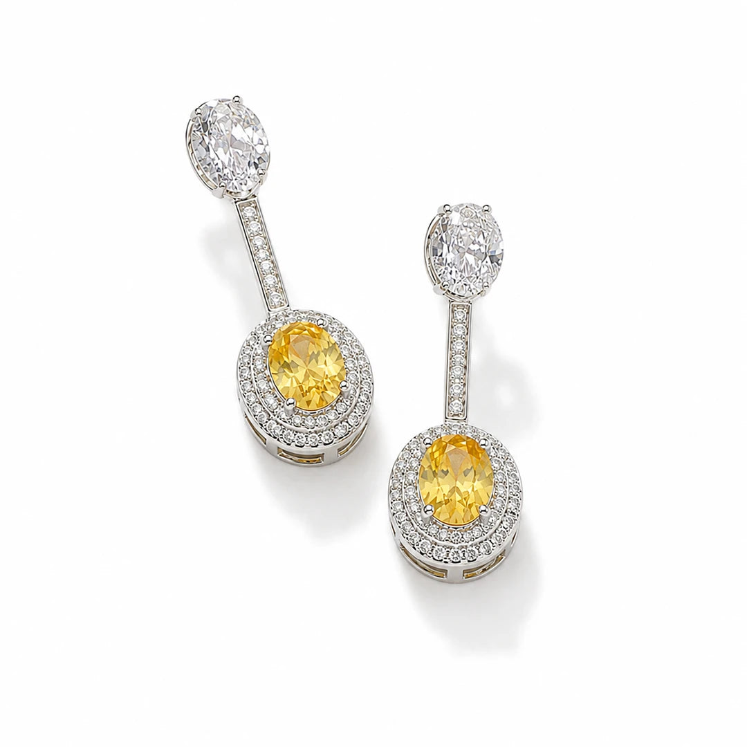 Zard Jewelry Yellow CZ Halo Drop Earrings in 925 Sterling Silver