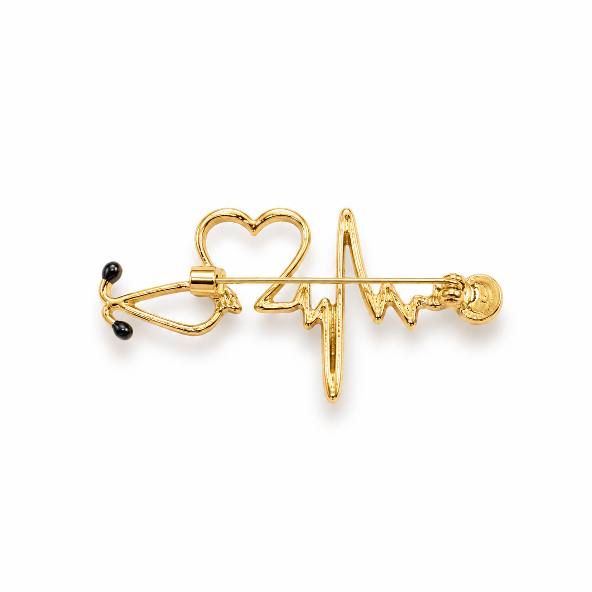 Back of the heartbeat stethoscope heart brooch showing gold plate and pin closure