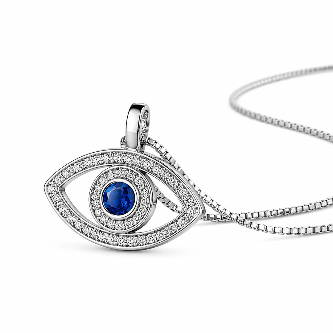 Blue Evil Eye Pendant Necklace in Sterling Silver, close-up detail view