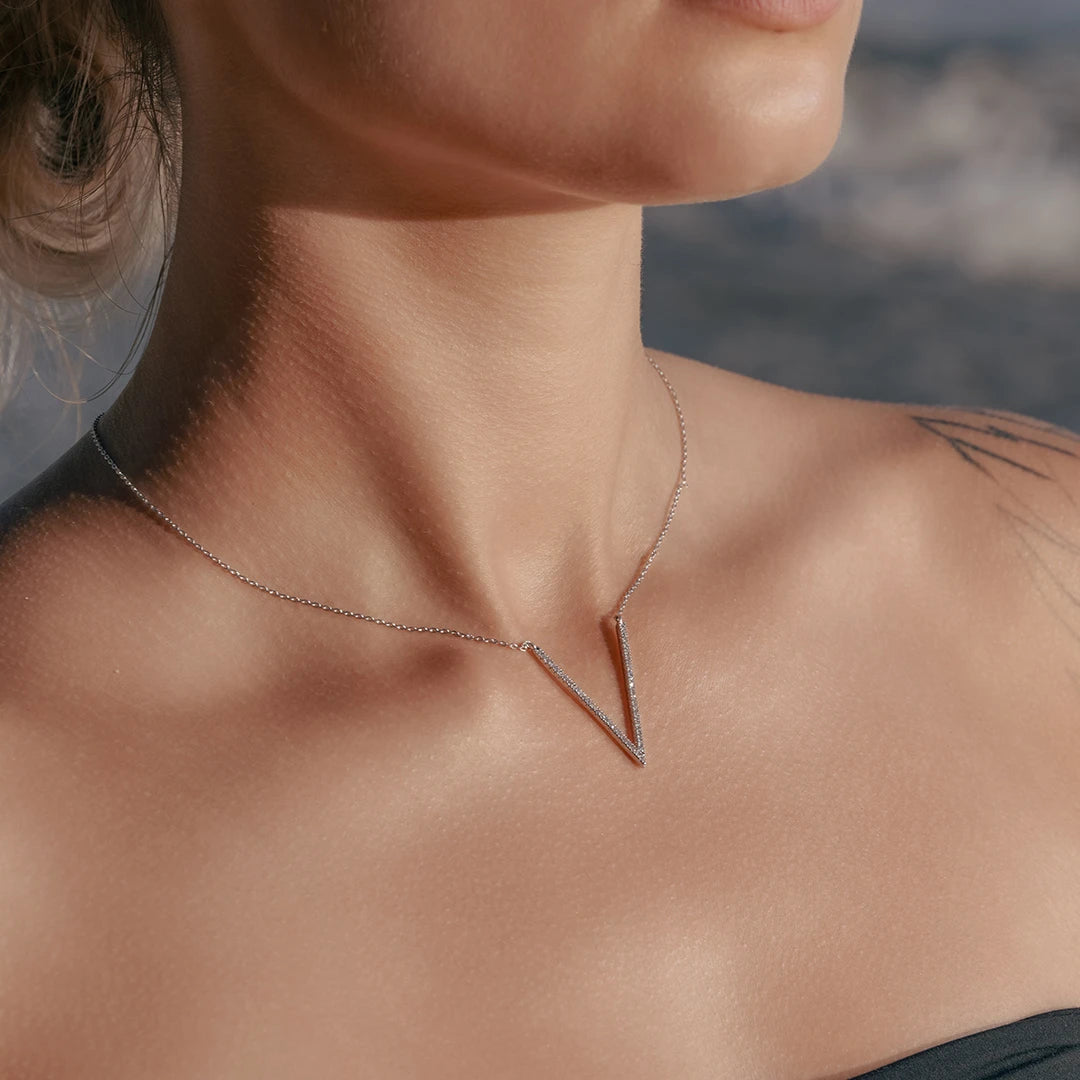 Model wearing CZ V-Shaped Statement Necklace around her neck