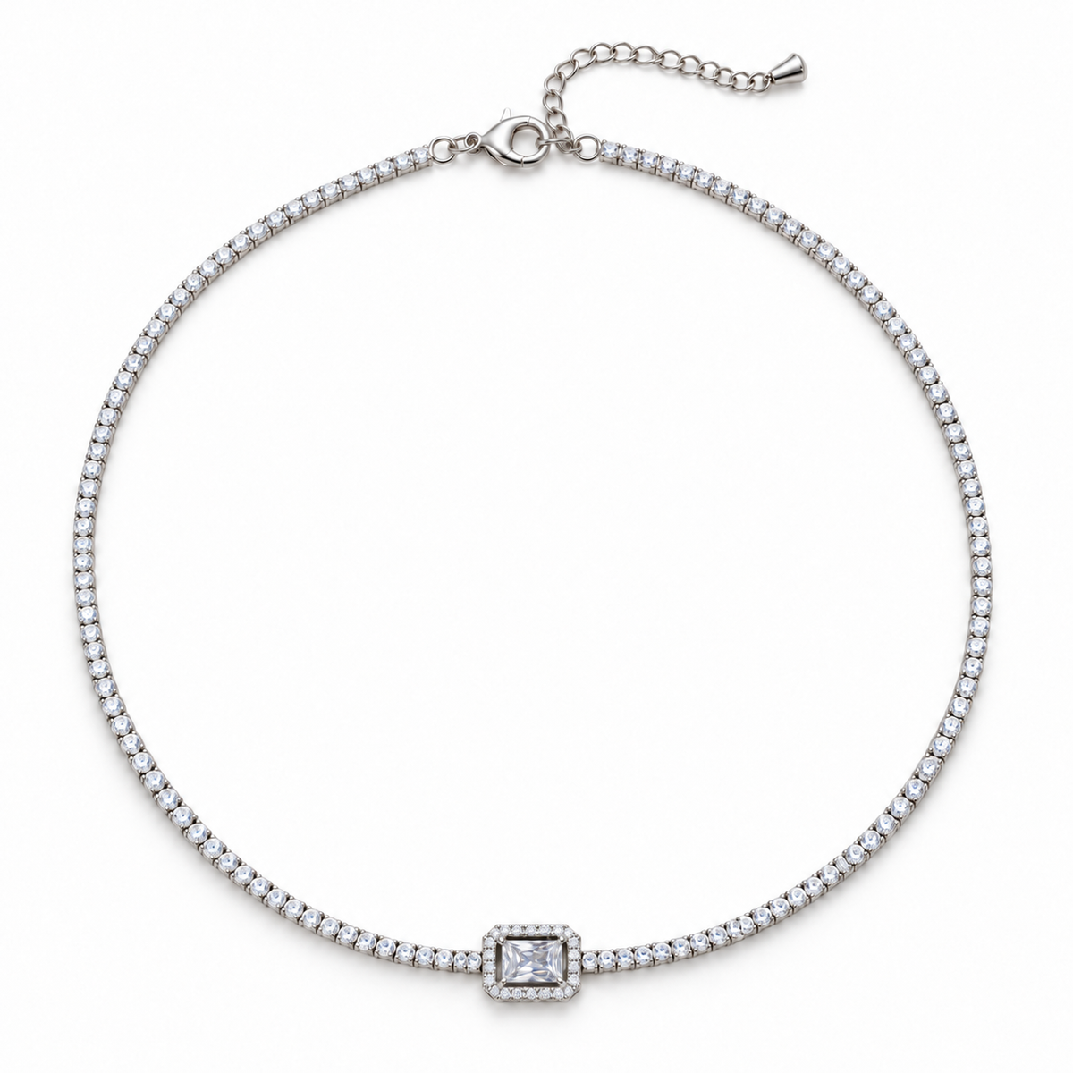 Emerald-Cut Halo CZ Tennis Choker Necklace, silver