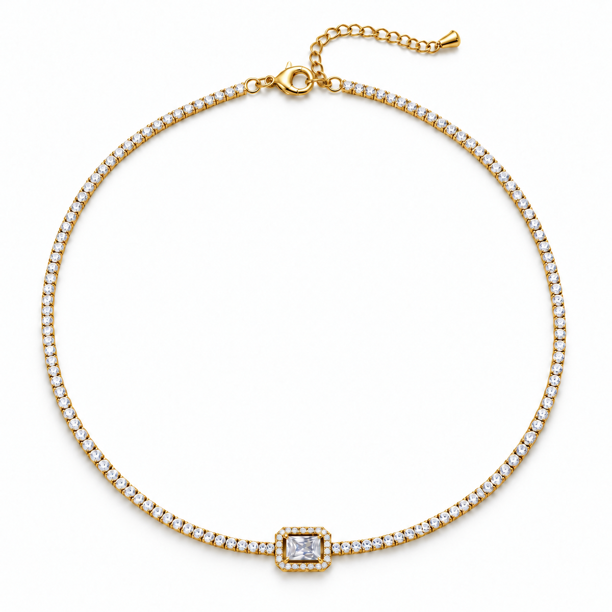 Emerald-Cut Halo CZ Tennis Choker Necklace, gold