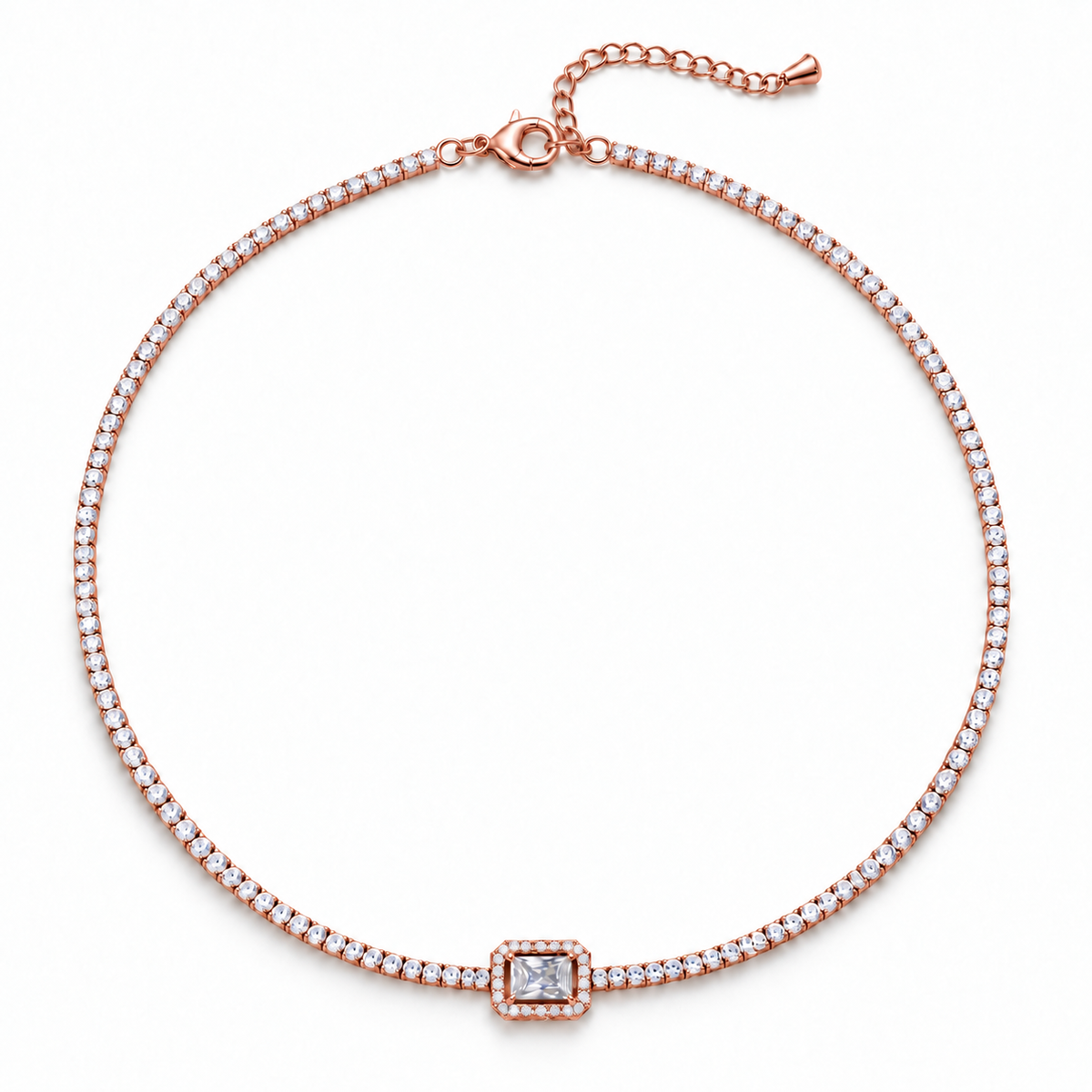 Emerald-Cut Halo CZ Tennis Choker Necklace, rose gold