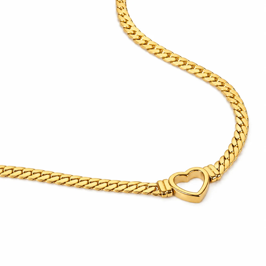 Heart Charm Cuban Link Chain Choker Necklace, close-up detail view