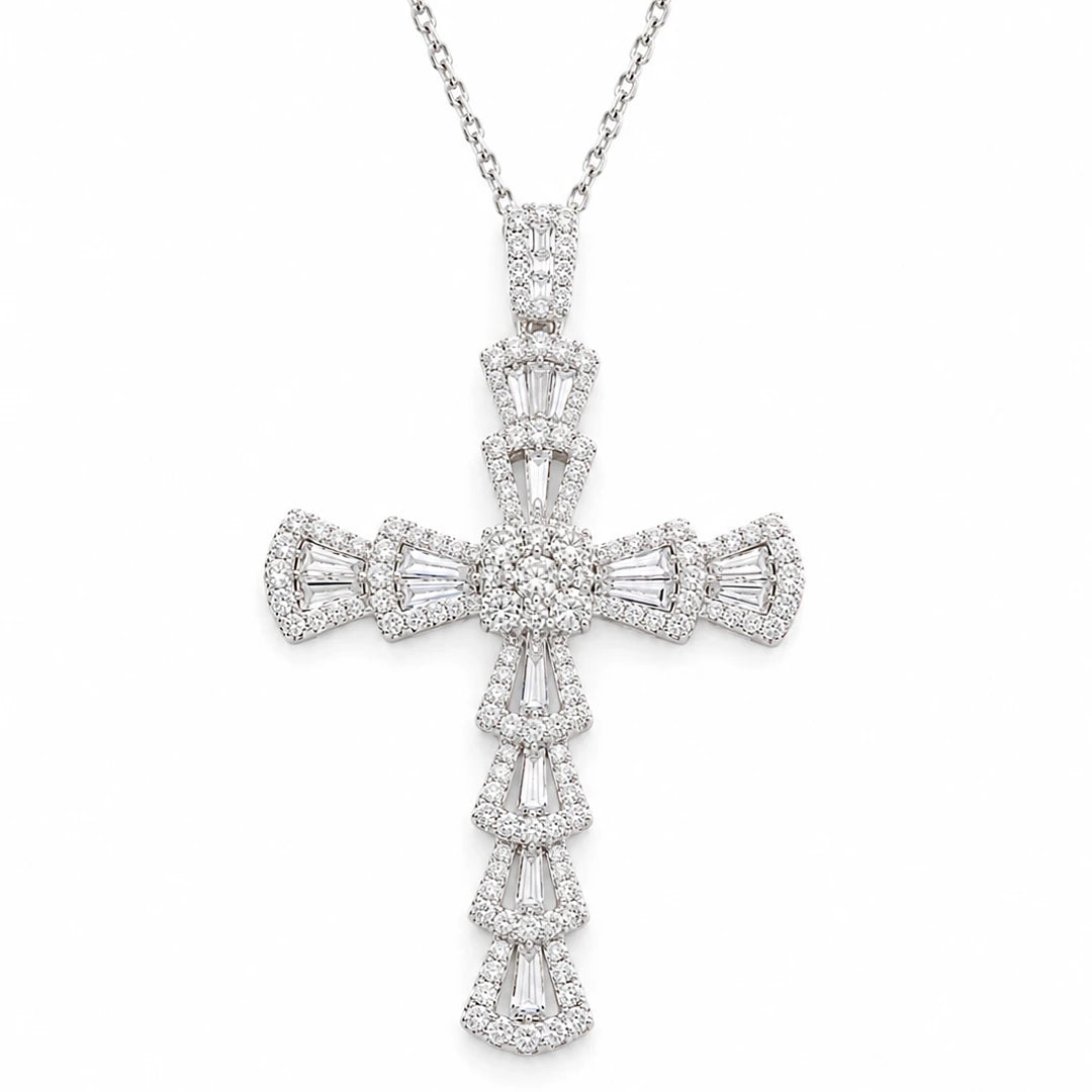 Zard Jewelry Large Cross Necklace in Baguette-Cut Cubic Zirconia