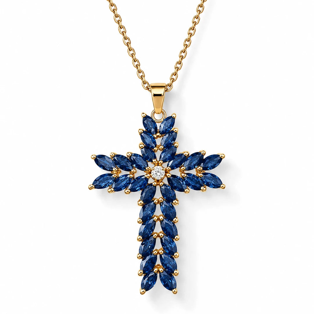 Zard Jewelry Large Cross Pendant Necklace in Blue CZ Accent