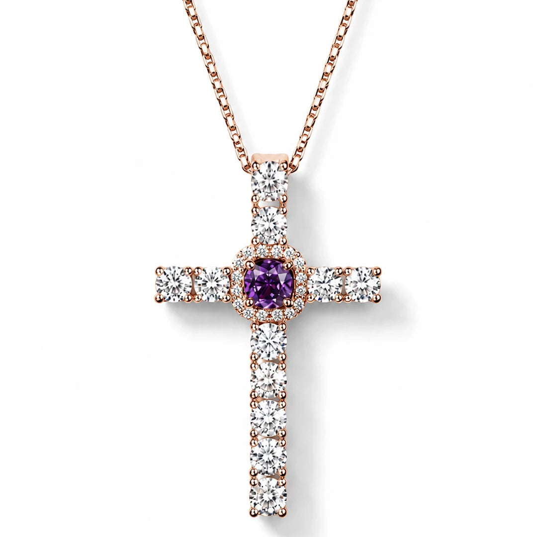 Zard Jewelry Large Cross Necklace with Purple Halo Cubic Zirconia