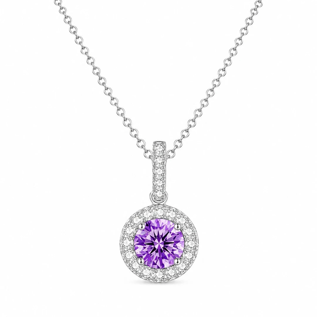 Zard Jewelry Purple Cubic Zirconia Halo Pendant Necklace in 925 Sterling Silver