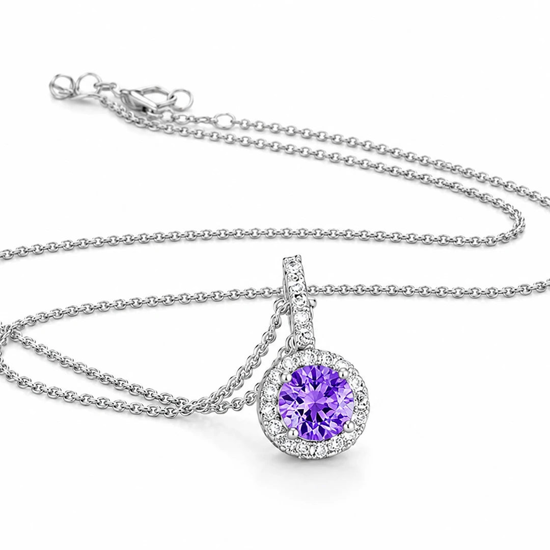 Purple Cubic Zirconia Halo Pendant Necklace in 925 Sterling Silver, close-up detail view