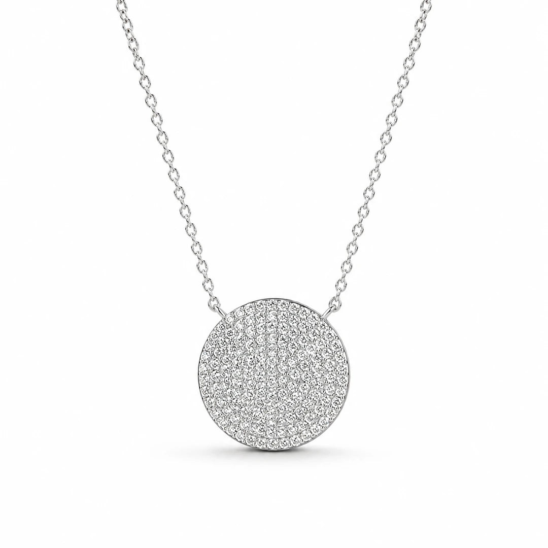 Zard Jewelry Round Disc Charm Necklace in Cubic Zirconia Accent