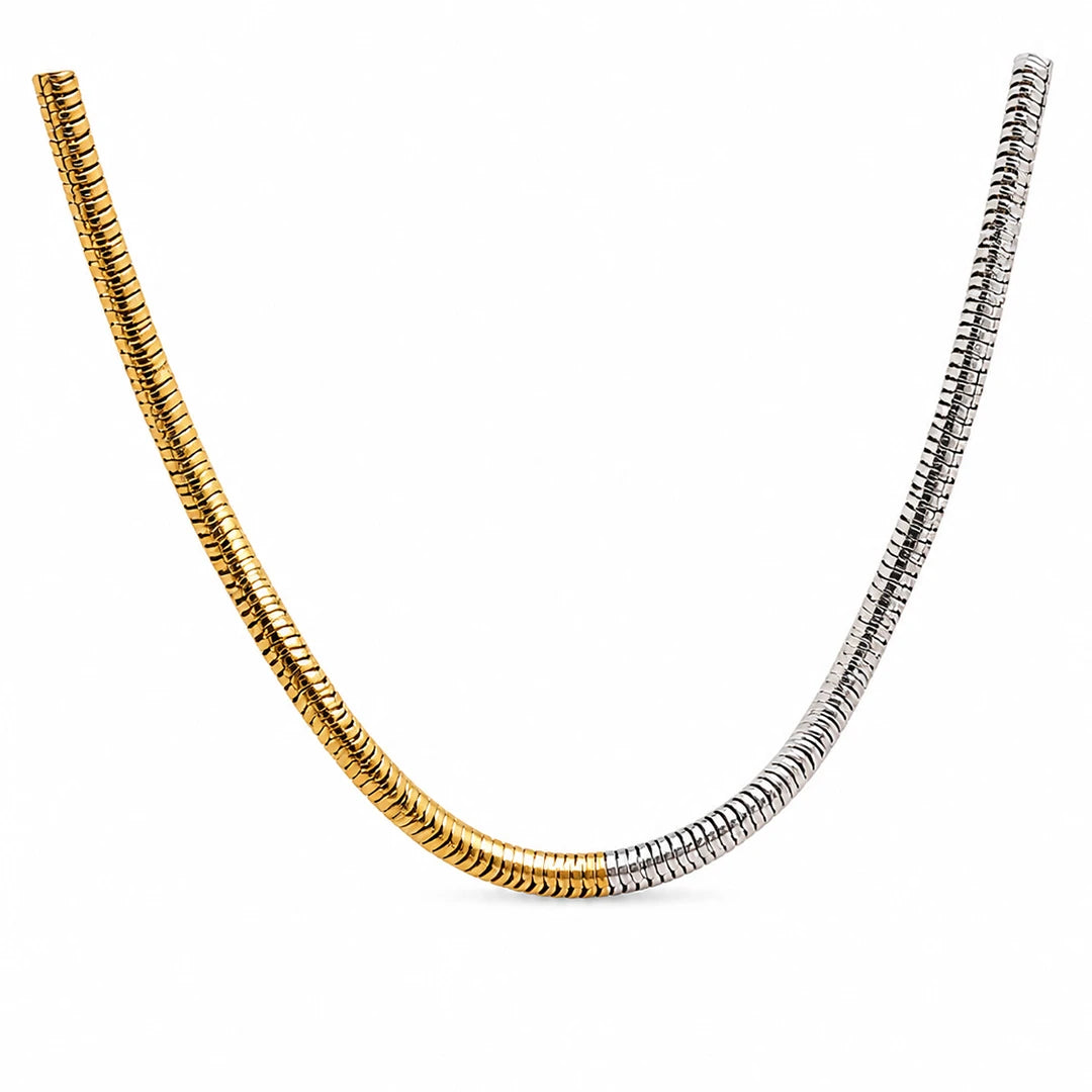 Two-Tone Snake Chain Necklace, close-up detail view, alternate angle