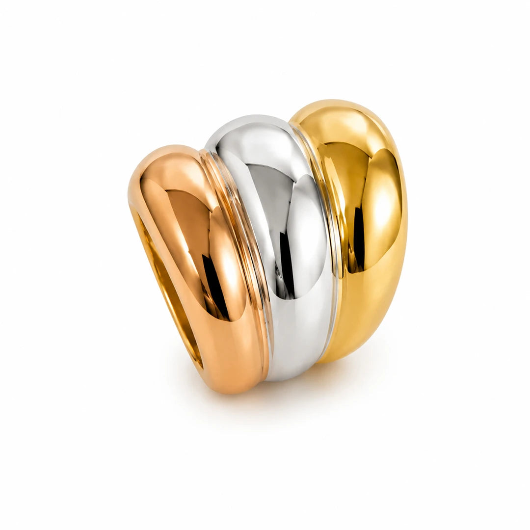 Chunky Tri-Tone Triple Band Ring, close-up detail view