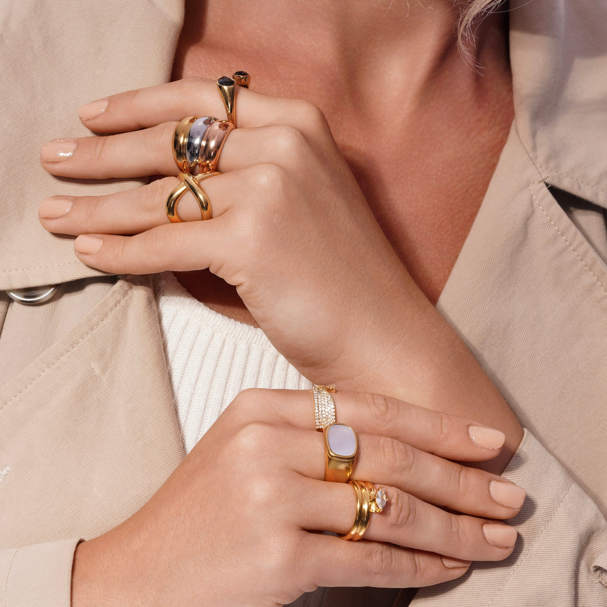 Chunky Tri-Tone Triple Band Ring worn on a model's hand, alternate pose