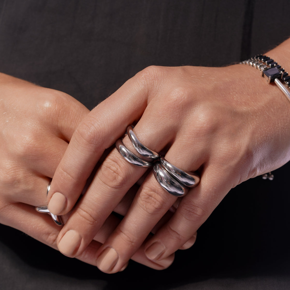 Model wearing Zard Jewelry rings, second look