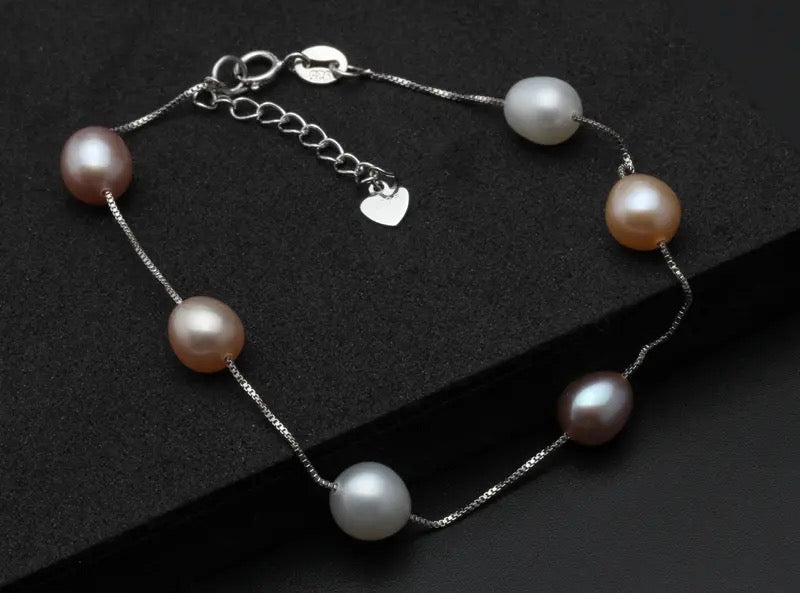 Cultured Freshwater Pearl Station Bracelet in 925 Sterling Silver