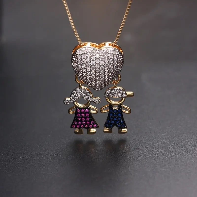 Necklace for Mom Boy Girl Kids Holding Hands Heart Charm in 14k and CZ Pave