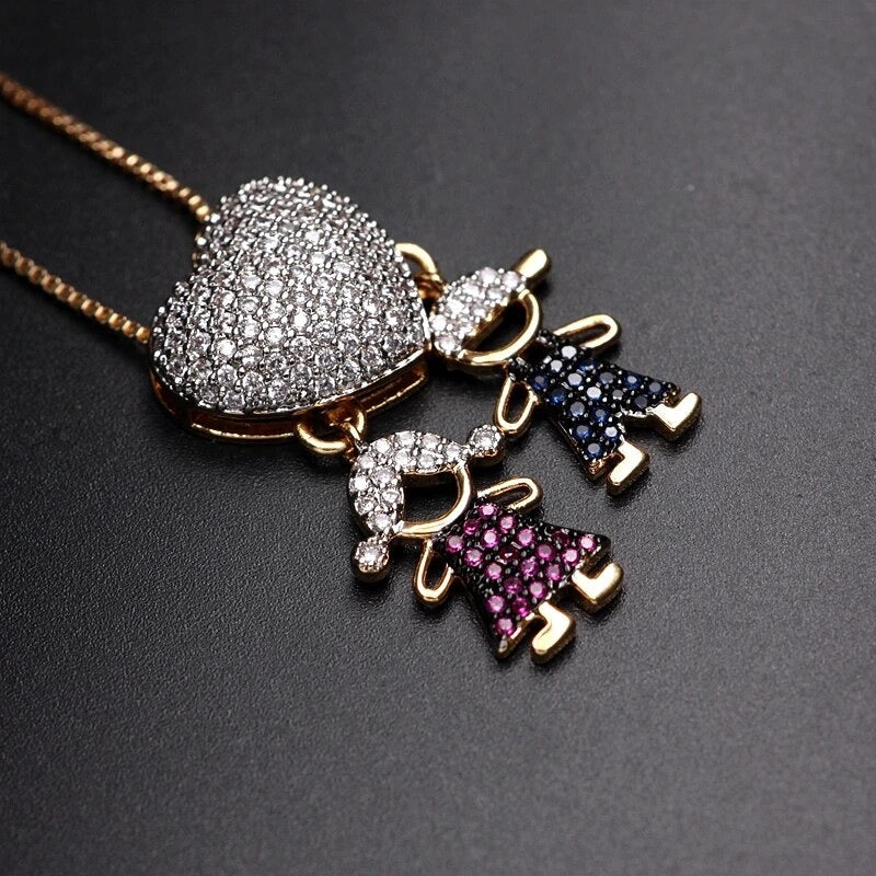 Necklace for Mom Boy Girl Kids Holding Hands Heart Charm in 14k and CZ Pave
