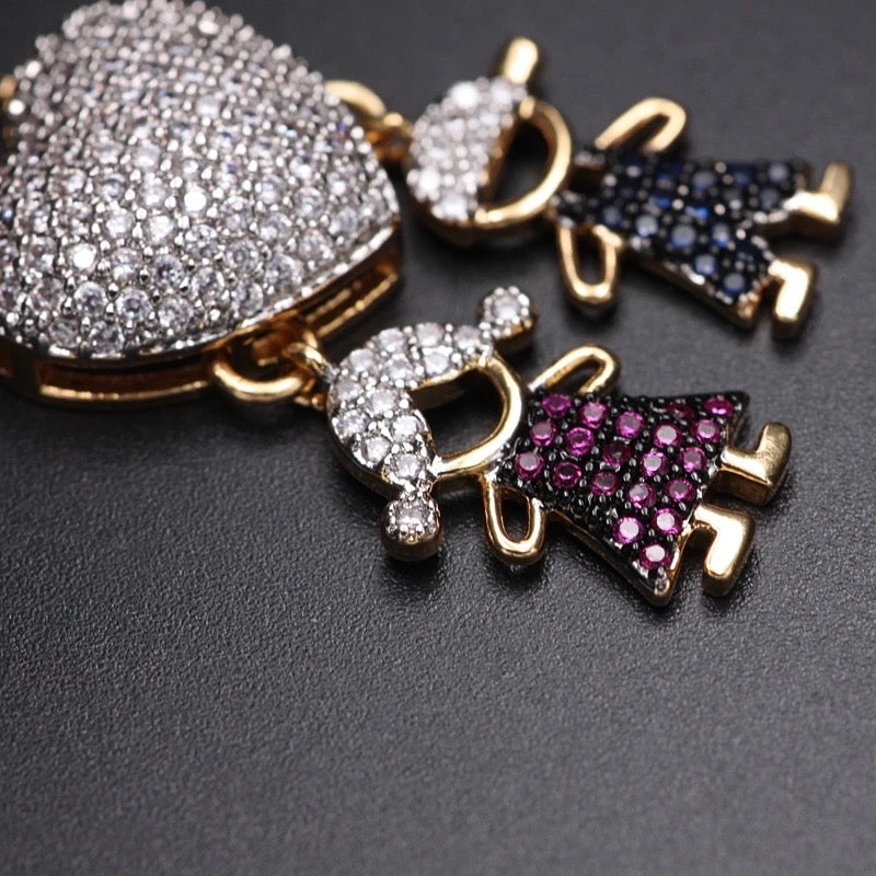 Necklace for Mom Boy Girl Kids Holding Hands Heart Charm in 14k and CZ Pave
