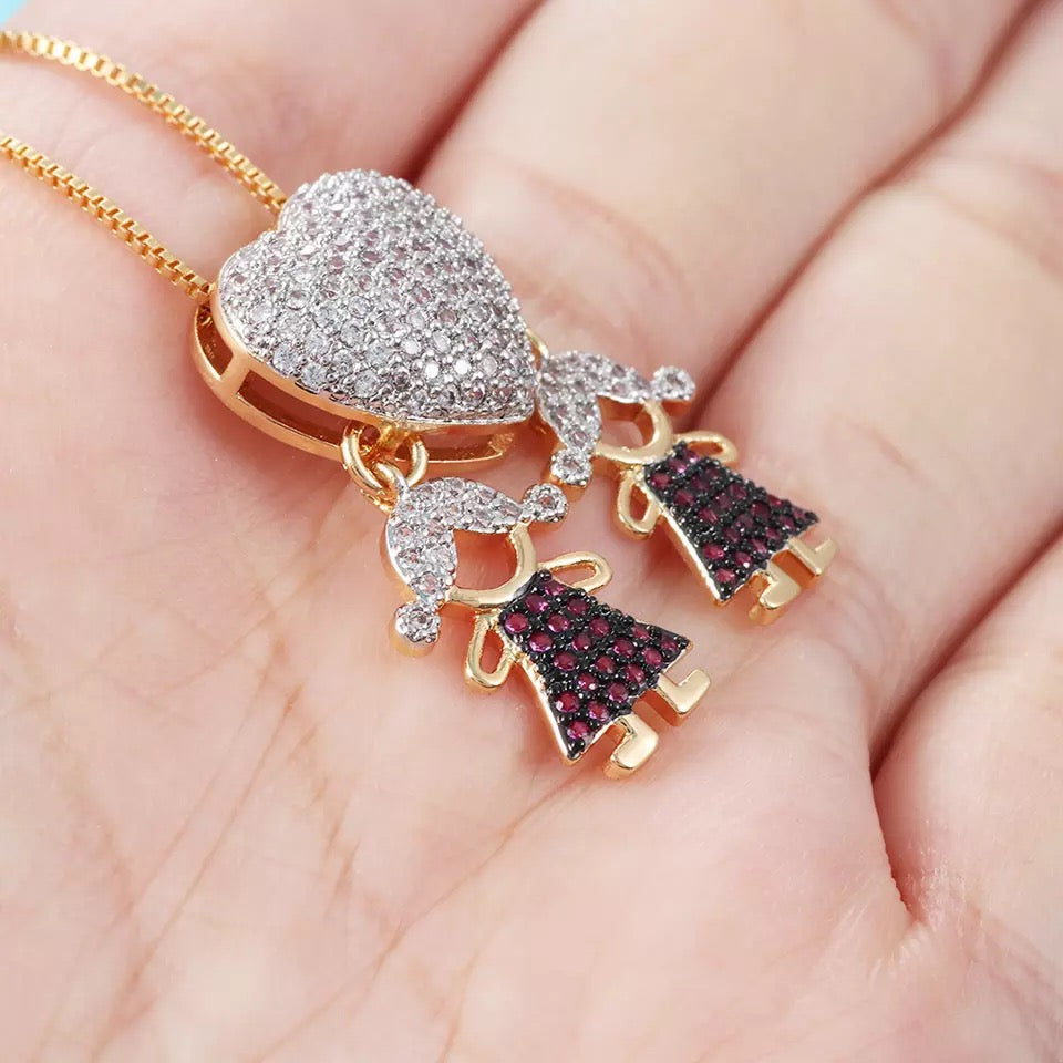 Necklace for Mom Boy Girl Kids Holding Hands Heart Charm in 14k and CZ Pave