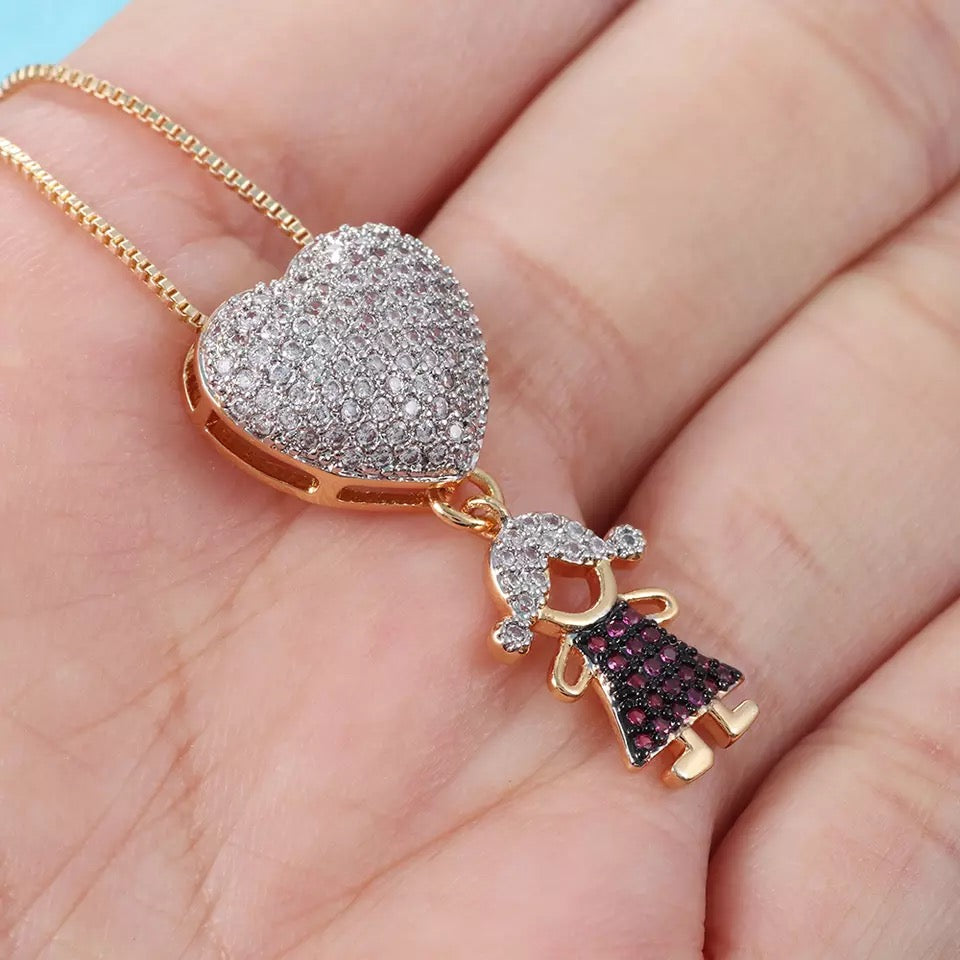 Necklace for Mom Boy Girl Kids Holding Hands Heart Charm in 14k and CZ Pave