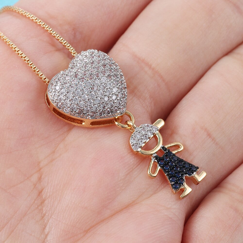 Necklace for Mom Boy Girl Kids Holding Hands Heart Charm in 14k and CZ Pave