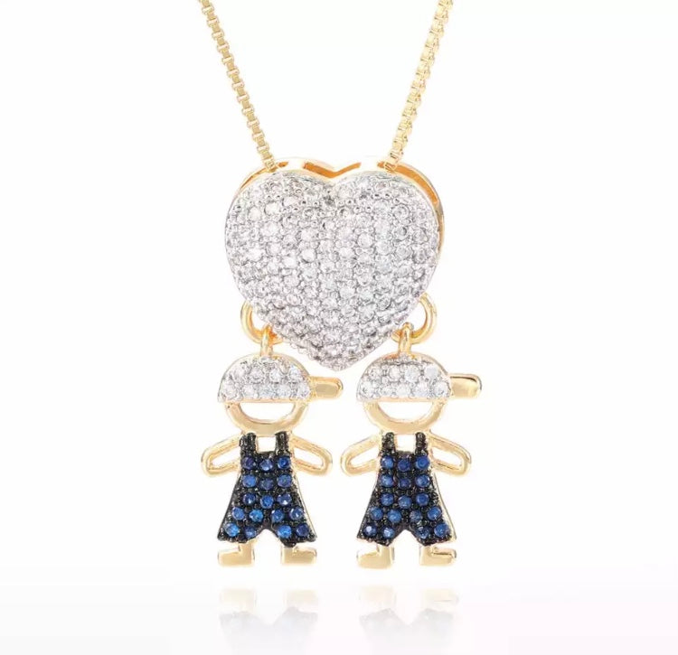 Necklace for Mom Boy Girl Kids Holding Hands Heart Charm in 14k and CZ Pave