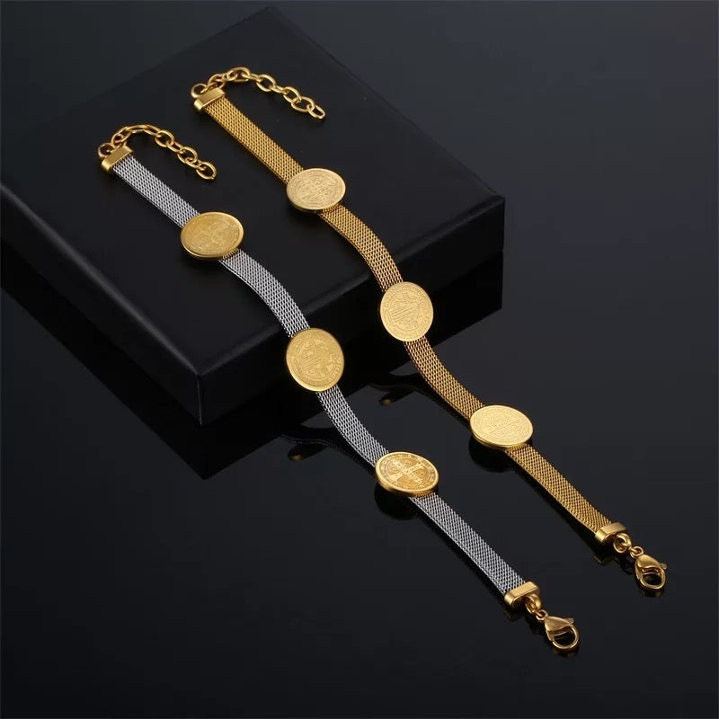 Saint Benedict Cross Charm Mesh Bracelet in 18K Gold Plating