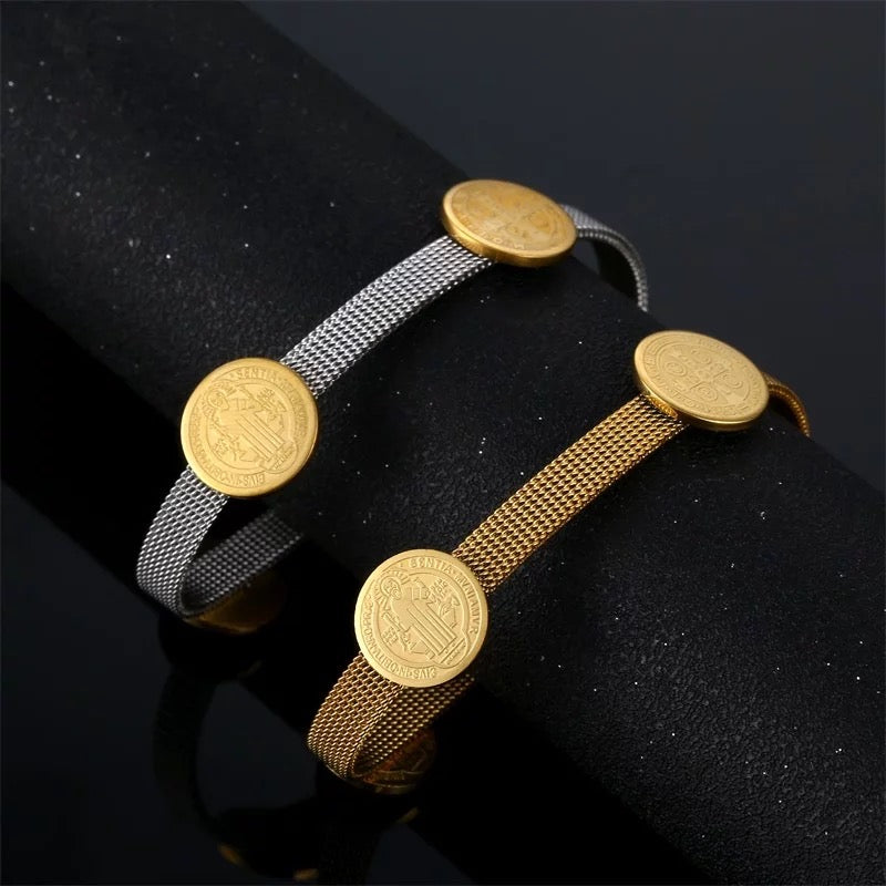 Saint Benedict Cross Charm Mesh Bracelet in 18K Gold Plating