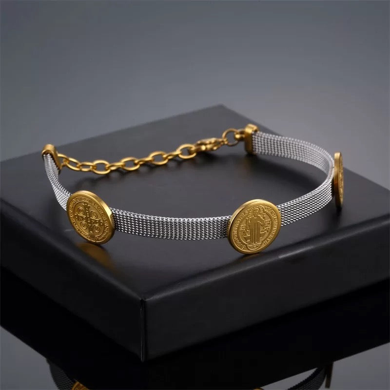 Saint Benedict Cross Charm Mesh Bracelet in 18K Gold Plating
