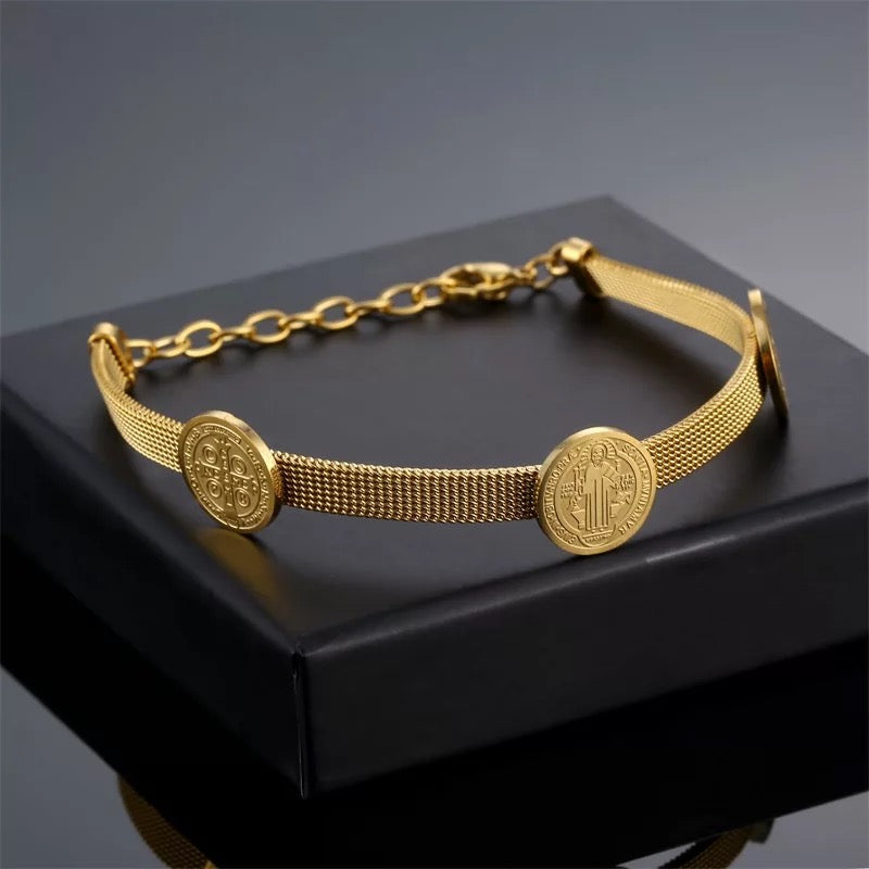 Saint Benedict Cross Charm Mesh Bracelet in 18K Gold Plating
