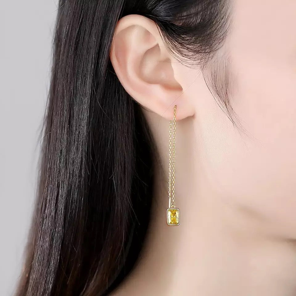 Threader Earrings in Emerald Cut Cubic Zirconia and 14K Gold Plating